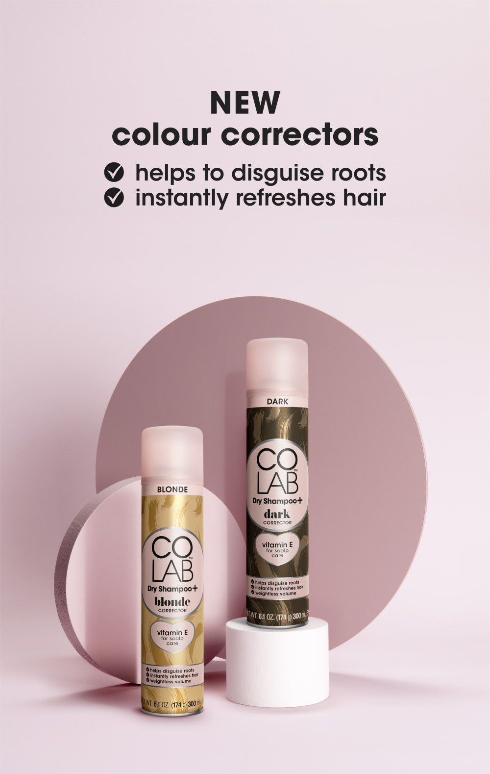 Cans of COLAB Dry Shampoo+ Blonde Corrector and Dark Corrector